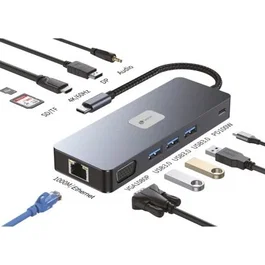 Leotec Docking Station 11 en 1 Plus USB-C PD100 3xUSB 3.2 HDMI VGA Gigabit LAN Lector SD microSD